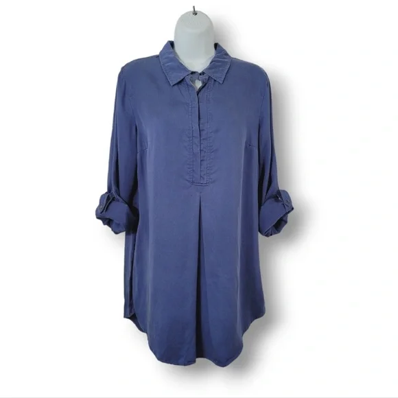 Soft Surroundings Blue Sleeve Tencel Snap Tab Tunic Shirt Denim Embroidered S - Picture 2 of 11